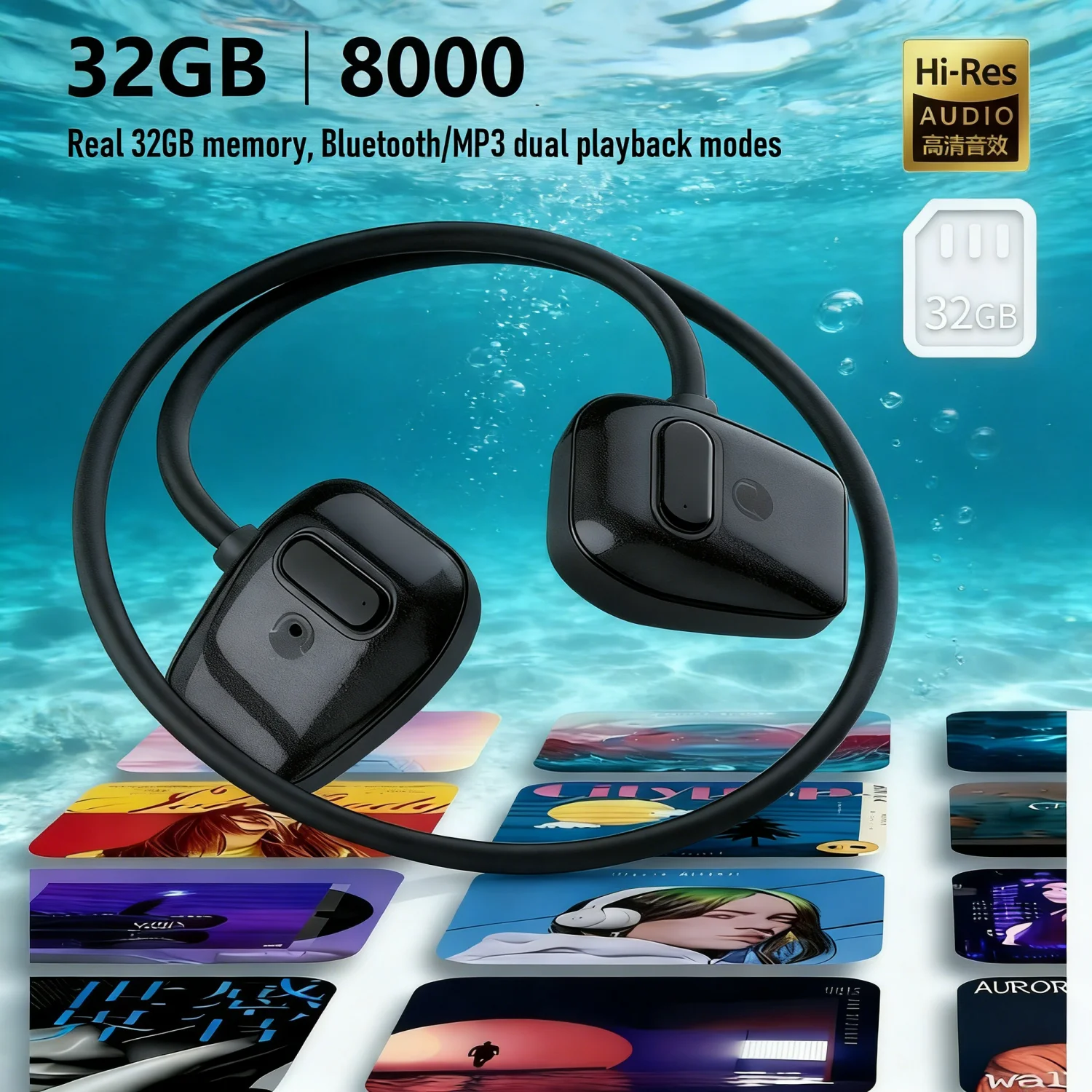 Swimming Bone Conduction Earphones Ip68 Mp3 - หูฟังบลูทูธแบบ Open Bone Conduction พร้อมหน่วยความจำ 32G