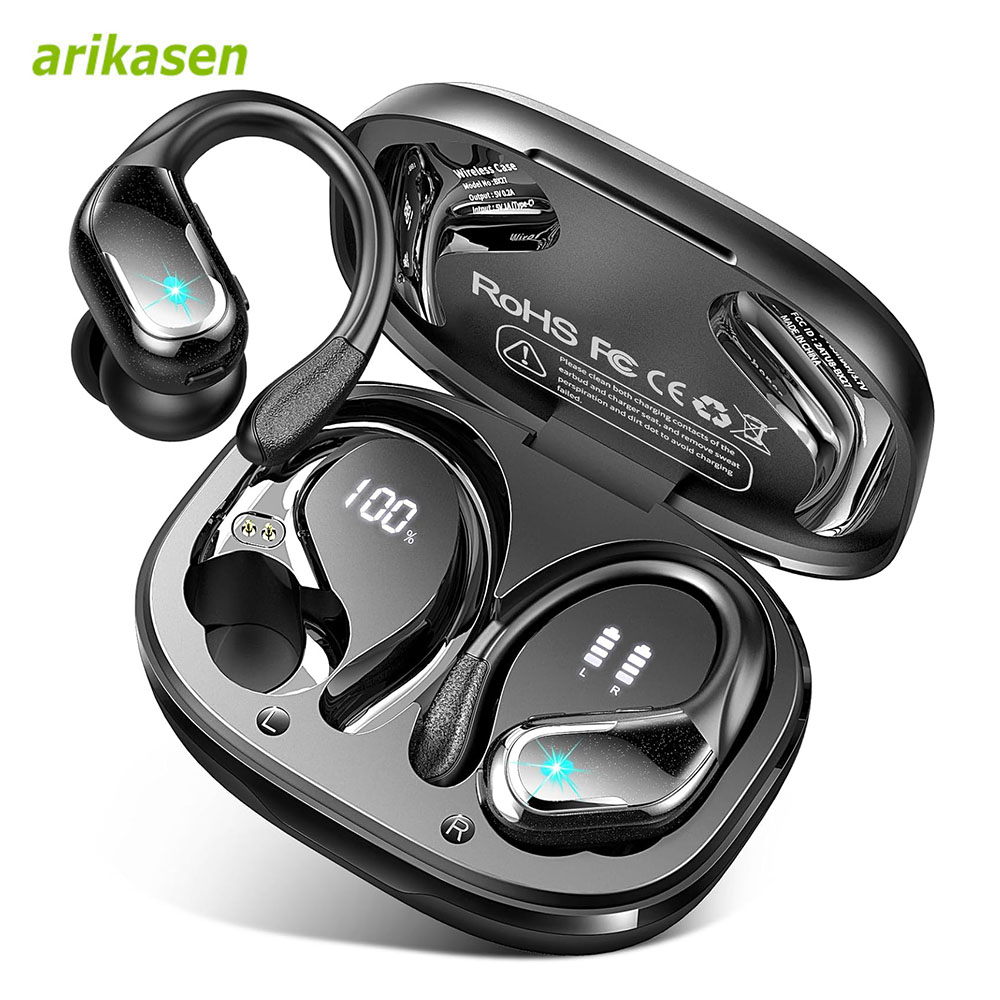 Silicone Ear Hooks Sports Headphones - 75Hrs หูฟังไร้สายบลูทูธ5.3 IP7กันน้ำพร้อมที่เกี่ยวหูเบสลึกตัดเสียงรบกวน ENC สำหรับเล่นกีฬาออกกำลังกายในยิม