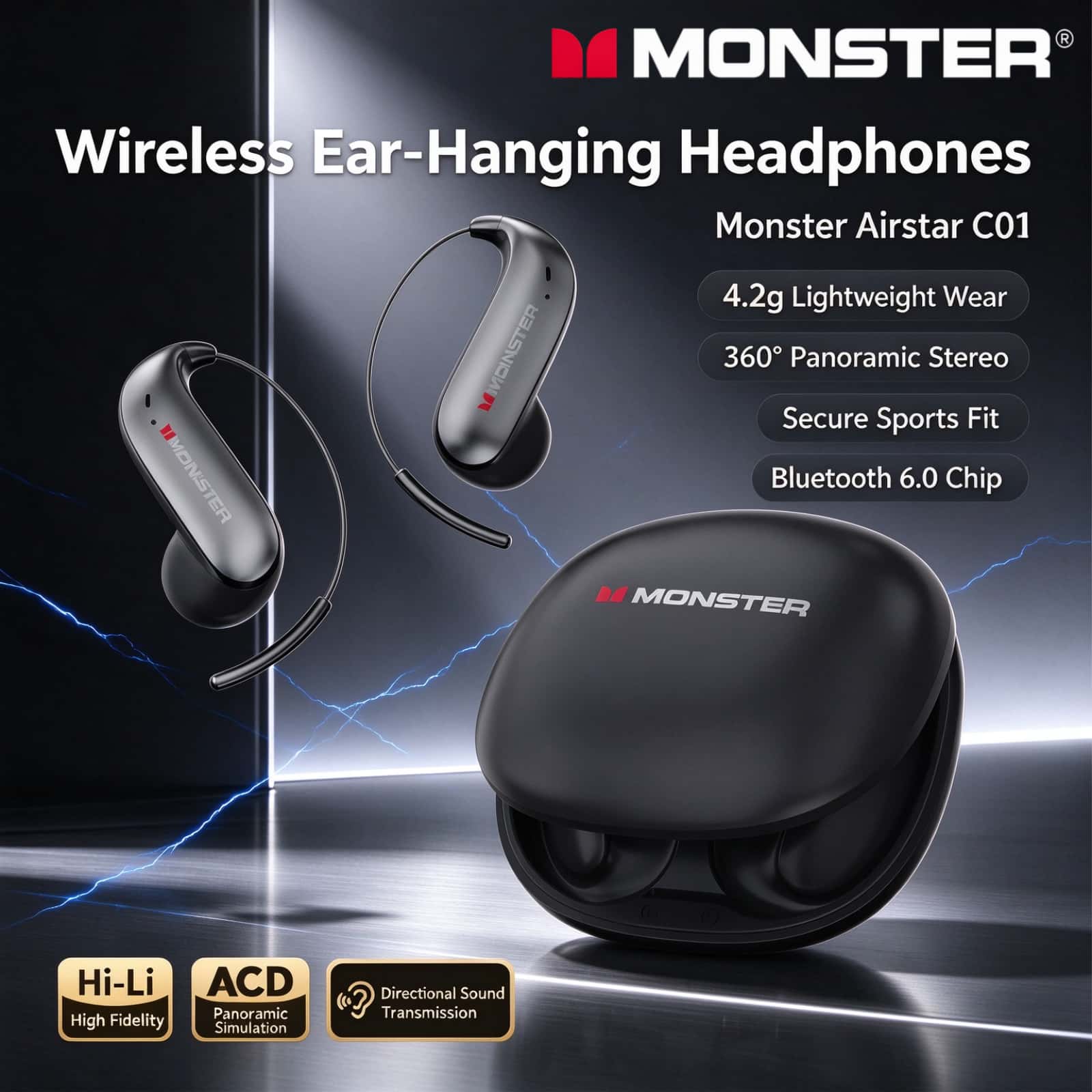 Silicone Ear Hooks Sports Headphones - หูฟังออกกำลังกาย Monster C01 แบบเปิดหู ไร้สาย บลูทูธ